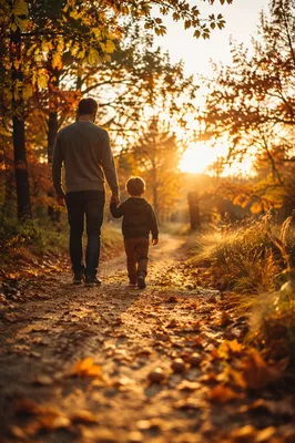 Father and Child on Autumn Sunset Path