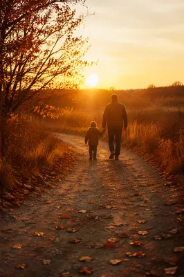 Father and Child on Autumn Sunset Path
