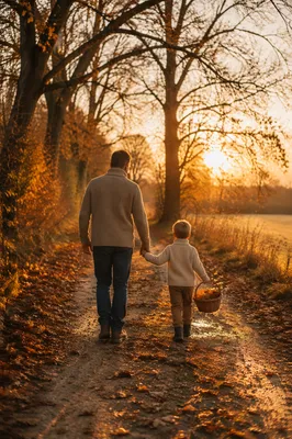 Father and Child Autumn Sunset Walk