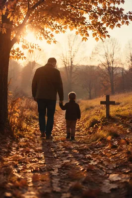 Father and Child on Autumn Faith Path