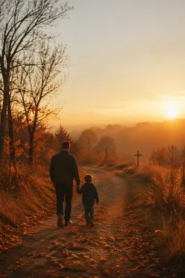 Father and Child on Autumn Sunset Path