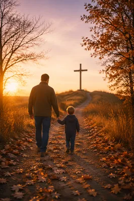 Father and Child Walking Toward Cross at Sunset