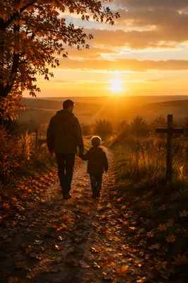 Father and Child on Autumn Sunset Path
