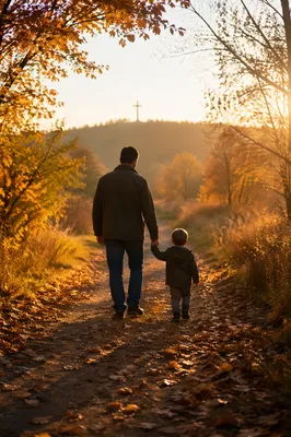 Father and Child on Autumn Faith Path