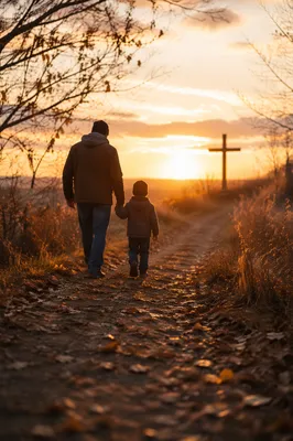 Father and Child Walking Toward Sunset Cross