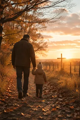 Father and Child on Autumn Sunset Path