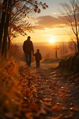Father and Child on Autumn Sunset Path