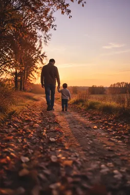 Father and Child on Autumn Sunset Path