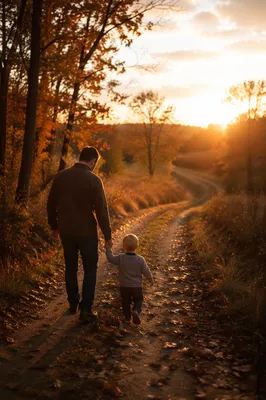 Father and Child on Autumn Sunset Path