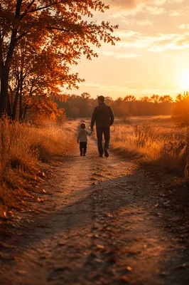 Father and Child on Autumn Sunset Path