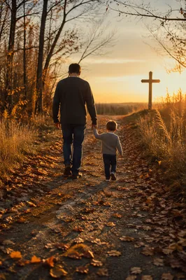 Father and Child on Autumn Sunset Path