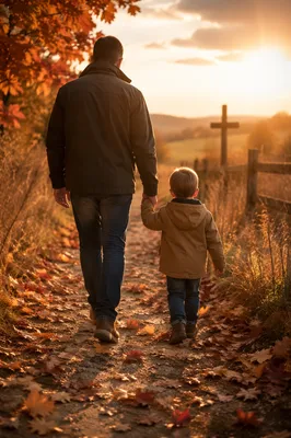 Father and Child Walking at Autumn Sunset