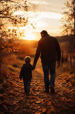 Father and Child on Autumn Sunset Path