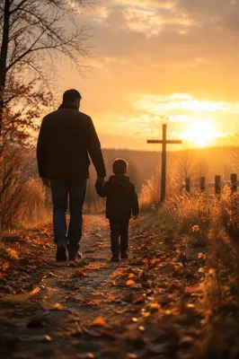 Father and Child on Autumn Sunset Path