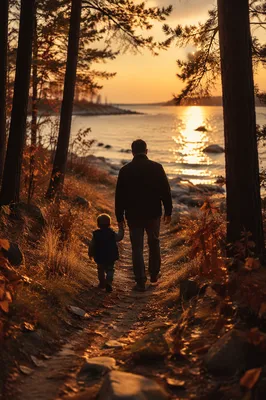Father and Child Walking at Autumn Sunset