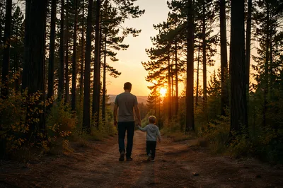 Father and Child on Sunset Woodland Path