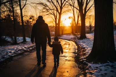 Father and Child on Winter Sunset Path