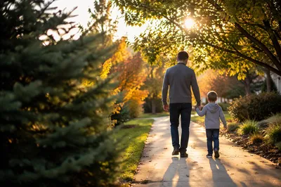 Father and Child Walking at Sunset