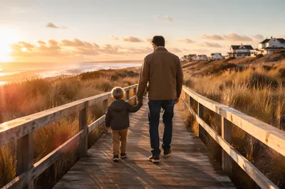 Father and Child on Sunset Boardwalk