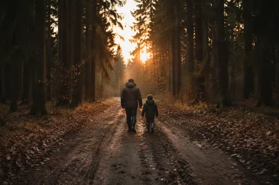 Father and Child on Autumn Forest Path