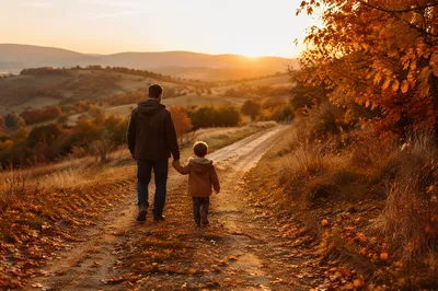 Father and Child on Autumn Sunset Path