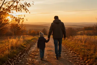 Father and Child on Autumn Sunset Path