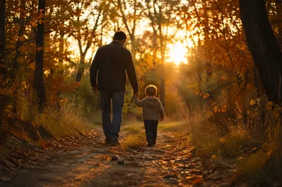 Father and Child on Autumn Sunset Path