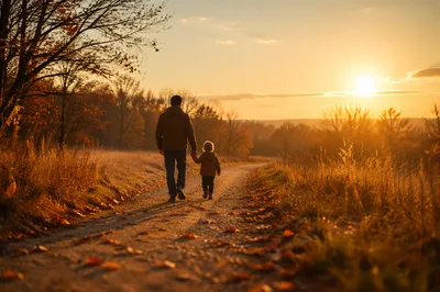 Father and Child Walking at Sunset