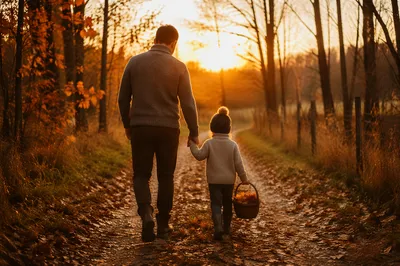 Father and Child on Autumn Sunset Path