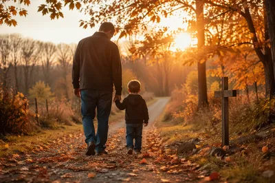 Father and Child on Autumn Faith Path