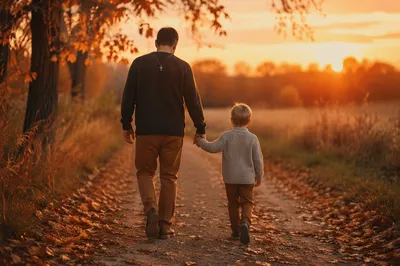 Father and Child on Autumn Sunset Path