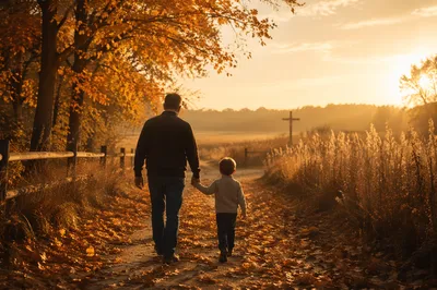 Father and Child on Autumn Sunset Path