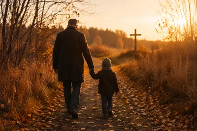 Father and Child on Autumn Faith Path