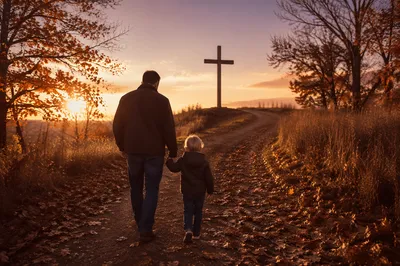 Father and Child Walking Toward Sunset Cross