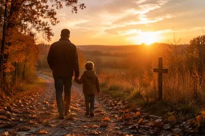 Father and Child on Autumn Sunset Path