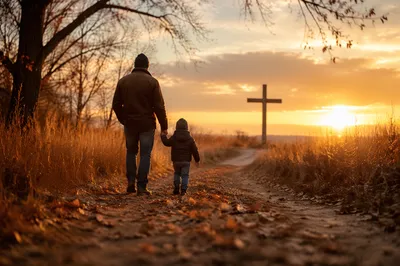 Father and Child Walking Toward Sunset