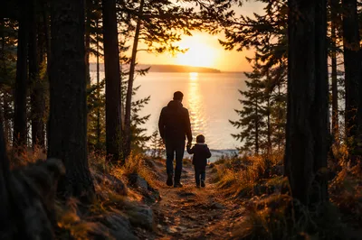 Father and Child Sunset Shore Path