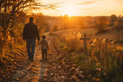Father and Child Walking at Autumn Sunset