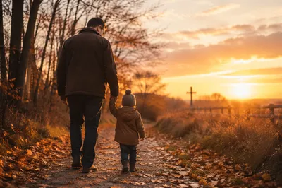 Father and Child on Autumn Sunset Path
