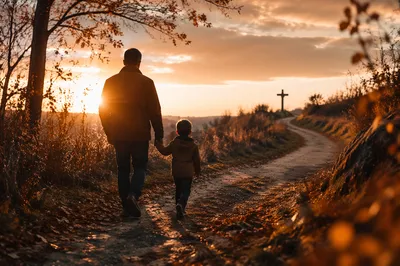 Father and Child on Autumn Sunset Path