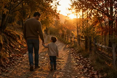 Father and Child on Autumn Path