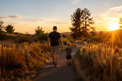 Father and Child Walking at Sunset
