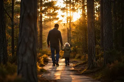 Father and Child Sunset Woodland Walk