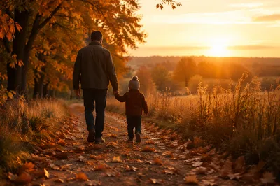 Father and Child on Autumn Sunset Path