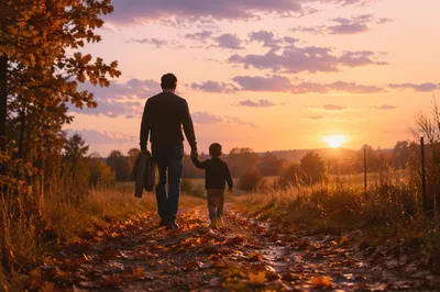 Father and Child on Autumn Sunset Path