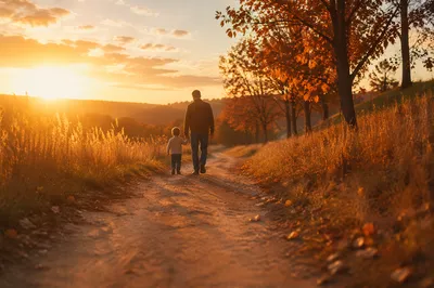 Father and Child on Autumn Sunset Path