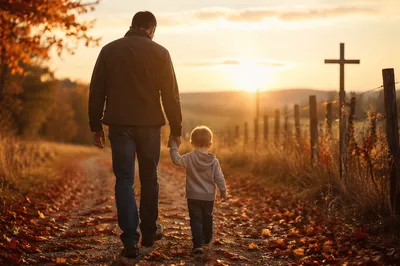 Father and Child on Autumn Sunset Path