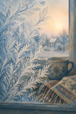 Winter Frost Crystals on Quiet Window