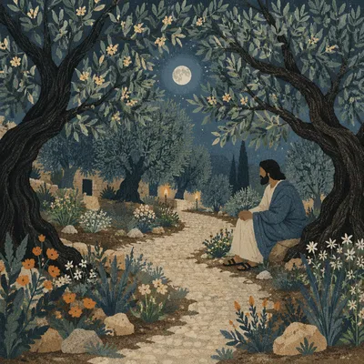 Moonlit Gethsemane Olive Grove in Spring