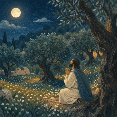 Moonlit Gethsemane Olive Grove in Spring